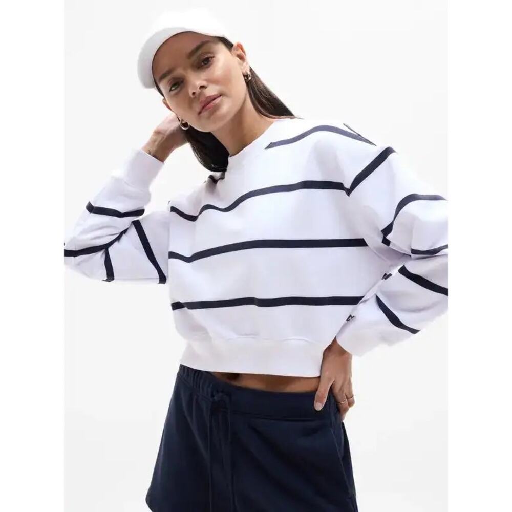Athleta Women's Terry Crop Crewneck Sweatshirt White & Blue Stripe Size S